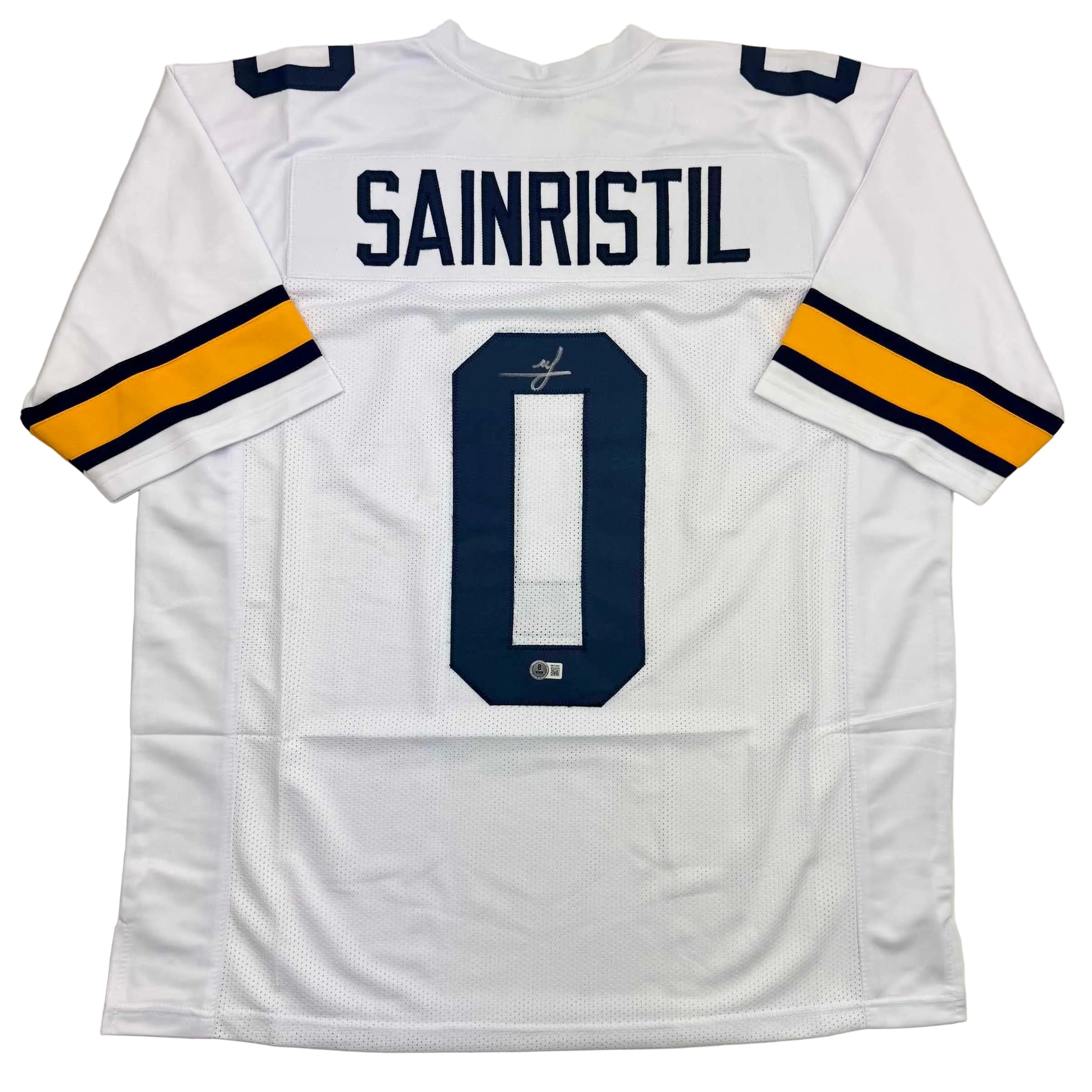 Autographed/Signed Mike Sainristil Michigan White College Football Jersey Beckett BAS COA