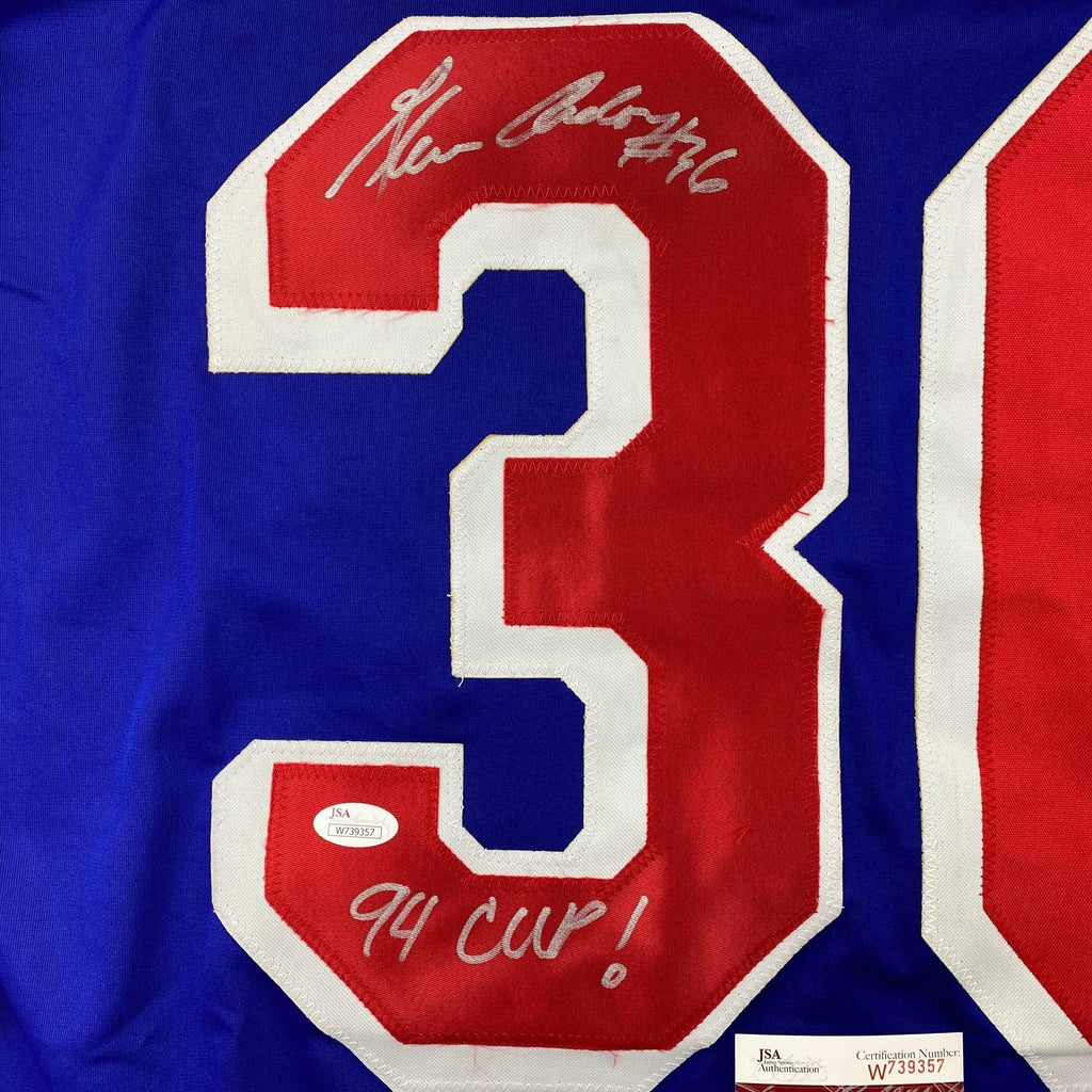 Autographed/Signed Glenn Anderson 94 SC Champs New York Blue Hockey Jersey JSA COA