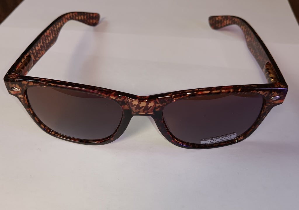 Brown Blues Brother Style Sunglasses with Houndstooth Design and Dark Lenses