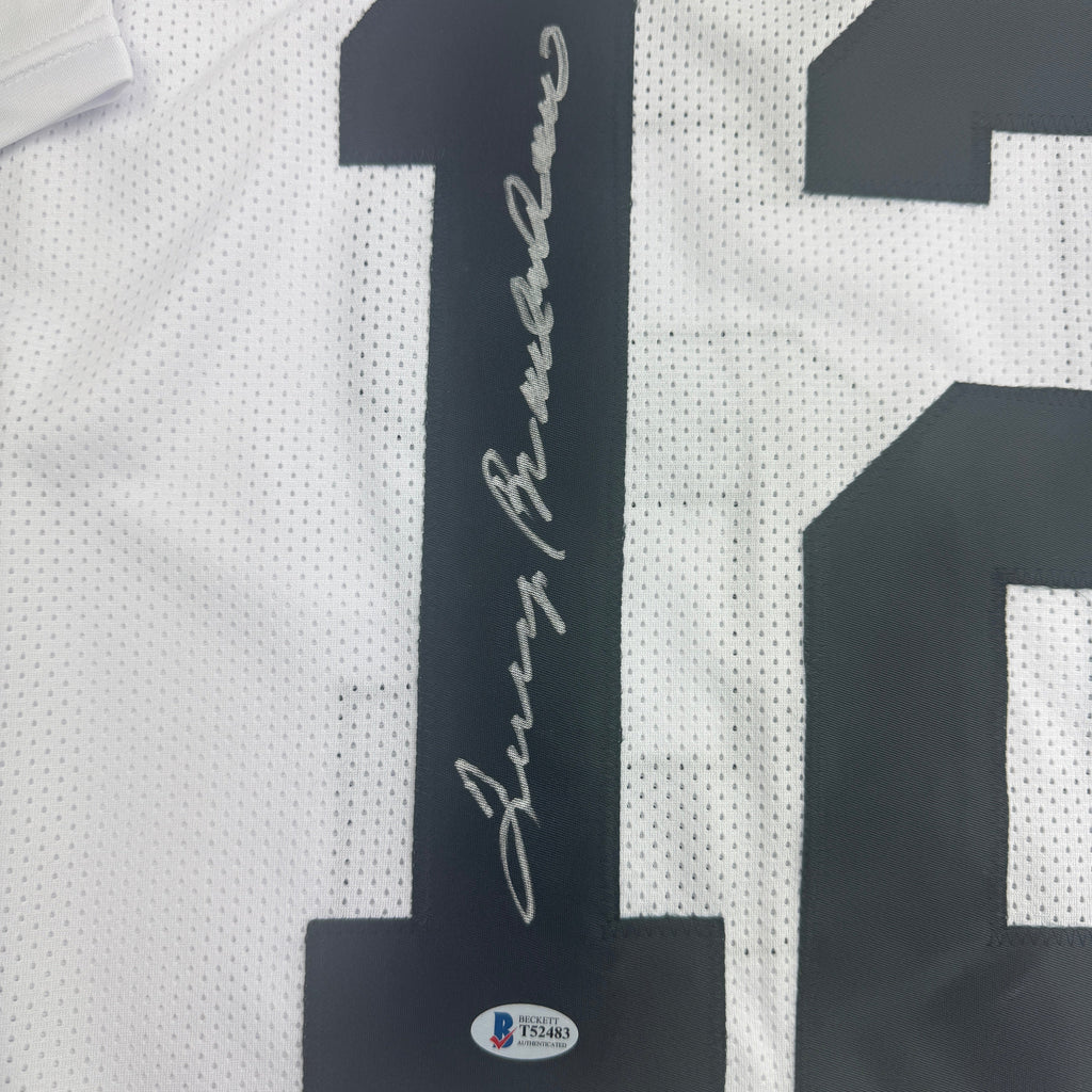 Autographed/Signed Terry Bradshaw Pittsburgh White Football Jersey Beckett BAS COA
