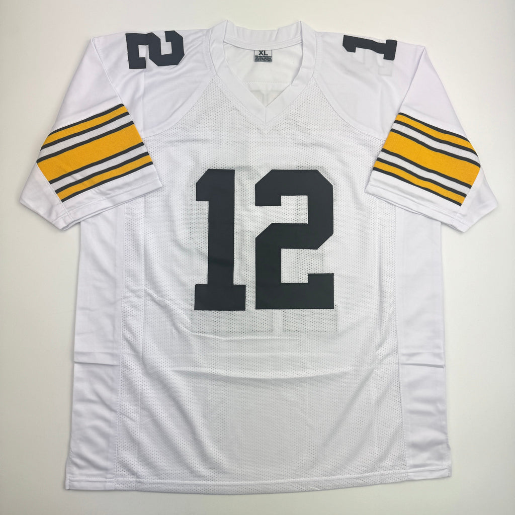 Autographed/Signed Terry Bradshaw Pittsburgh White Football Jersey Beckett BAS COA