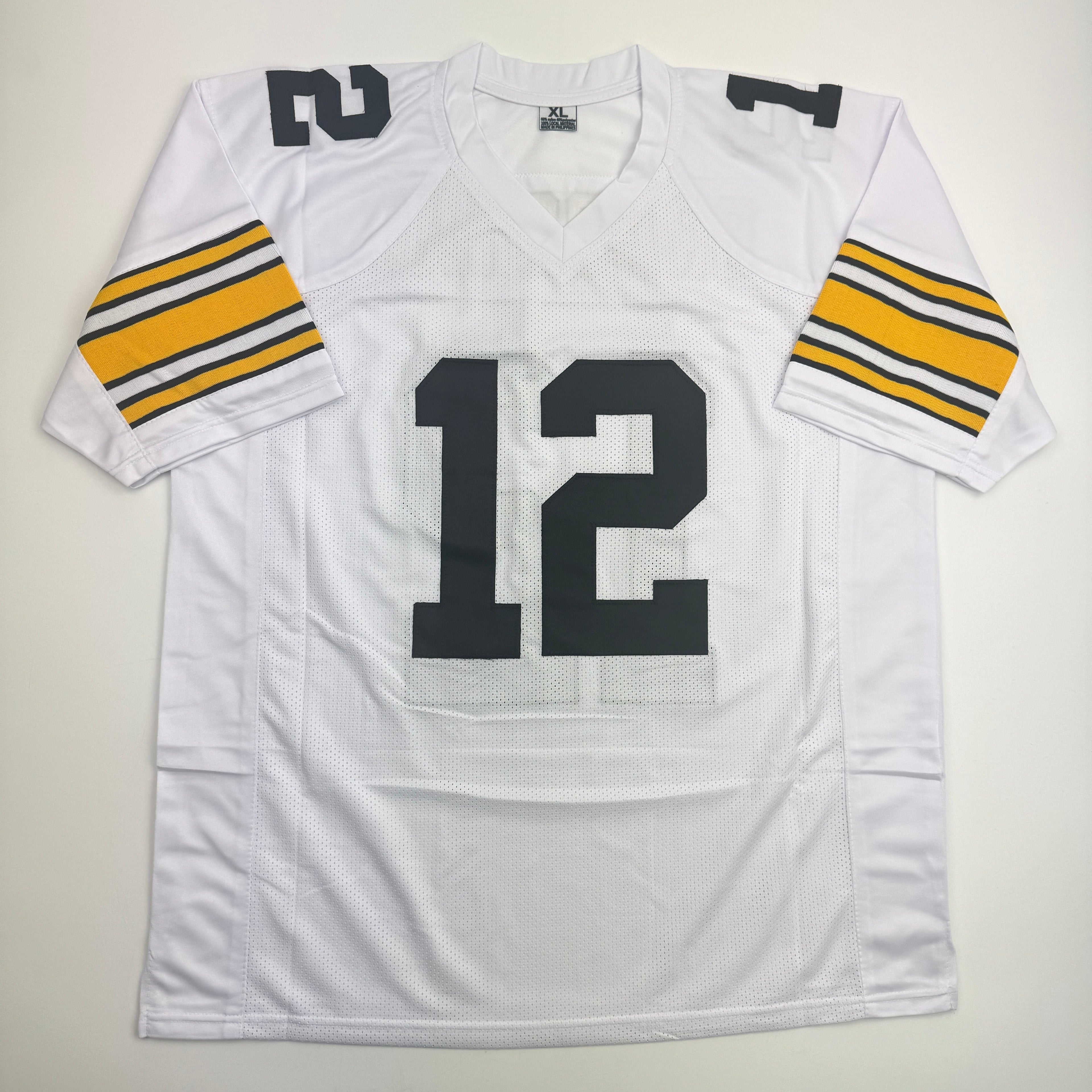 Autographed/Signed Terry Bradshaw Pittsburgh White Football Jersey Beckett BAS COA