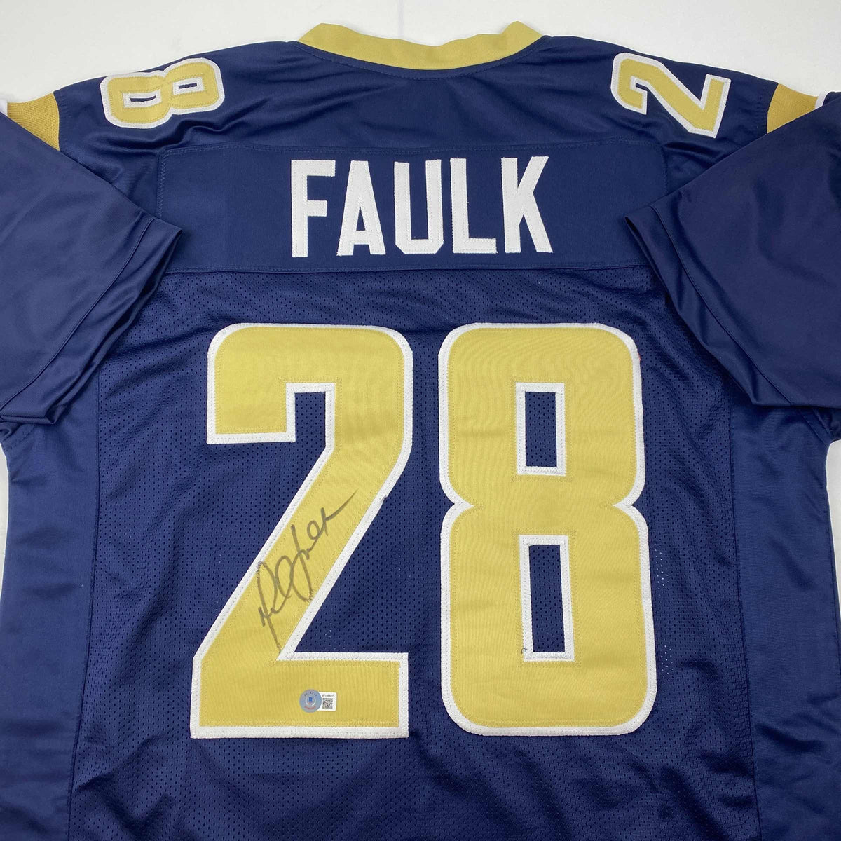 Autographed/Signed Marshall Faulk St. Louis Navy Blue Football Jersey Beckett BAS COA