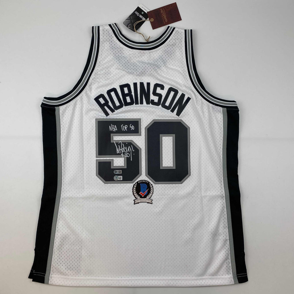 Autographed/Signed David Robinson NBA Top 50 San Antonio Spurs White Authentic M&N Basketball Jersey Beckett BAS COA