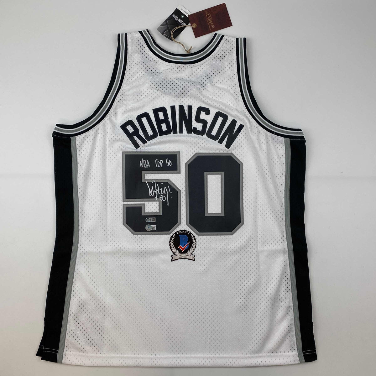 Autographed/Signed David Robinson NBA Top 50 San Antonio Spurs White Authentic M&N Basketball Jersey Beckett BAS COA