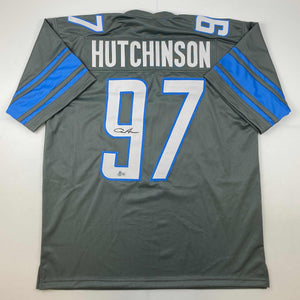 Autographed/Signed Aidan Hutchinson Detroit Grey Football Jersey Beckett BAS COA