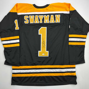 Autographed/Signed Jeremy Swayman Boston Black Hockey Jersey JSA COA