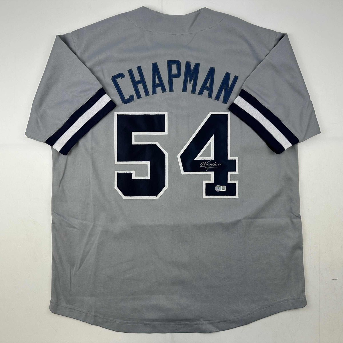 Autographed/Signed Aroldis Chapman New York Grey Baseball Jersey Beckett BAS COA