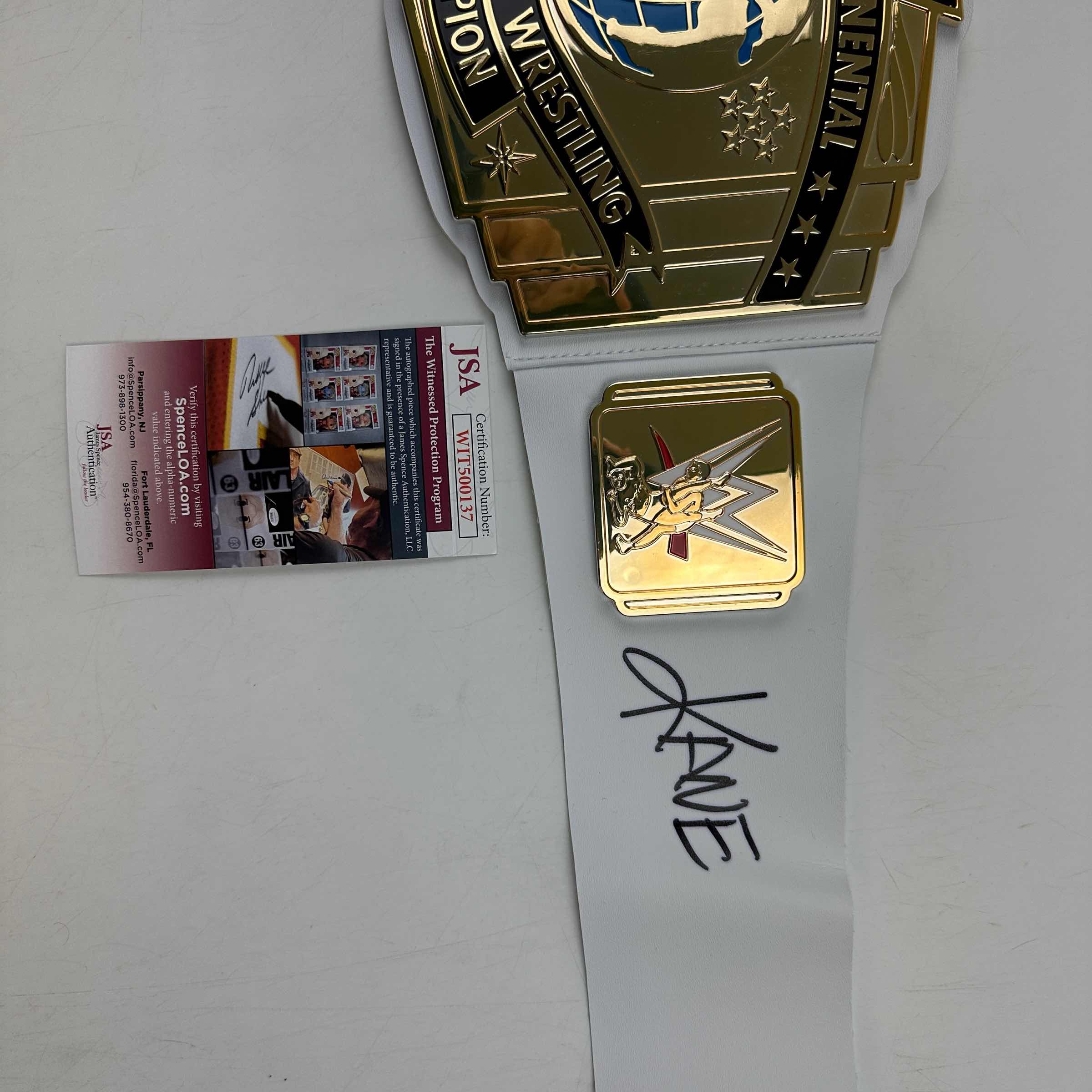 Autographed/Signed Kane White Toy Replica WWE Wrestling Championship Title Belt JSA COA