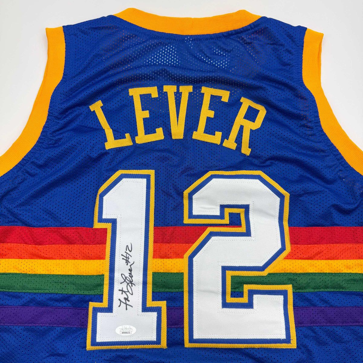 Autographed/Signed Fat Lever Denver Blue Retro Rainbow Basketball Jersey JSA COA