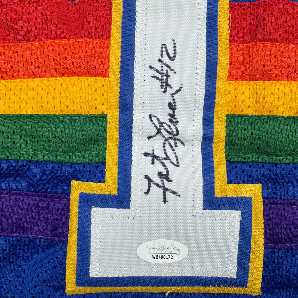 Autographed/Signed Fat Lever Denver Blue Retro Rainbow Basketball Jersey JSA COA