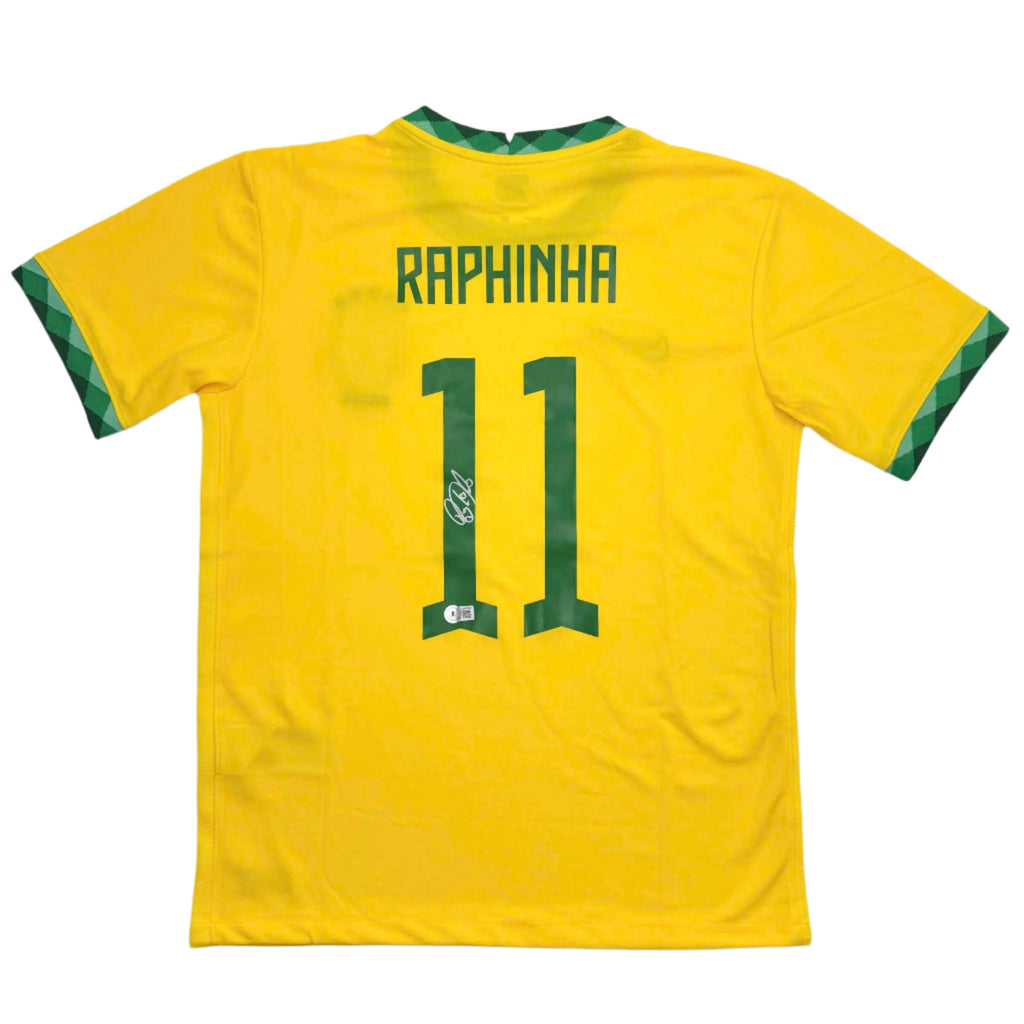 Autographed/Signed Raphinha Raphael Belloli Brazil Yellow Soccer Jersey Beckett BAS COA
