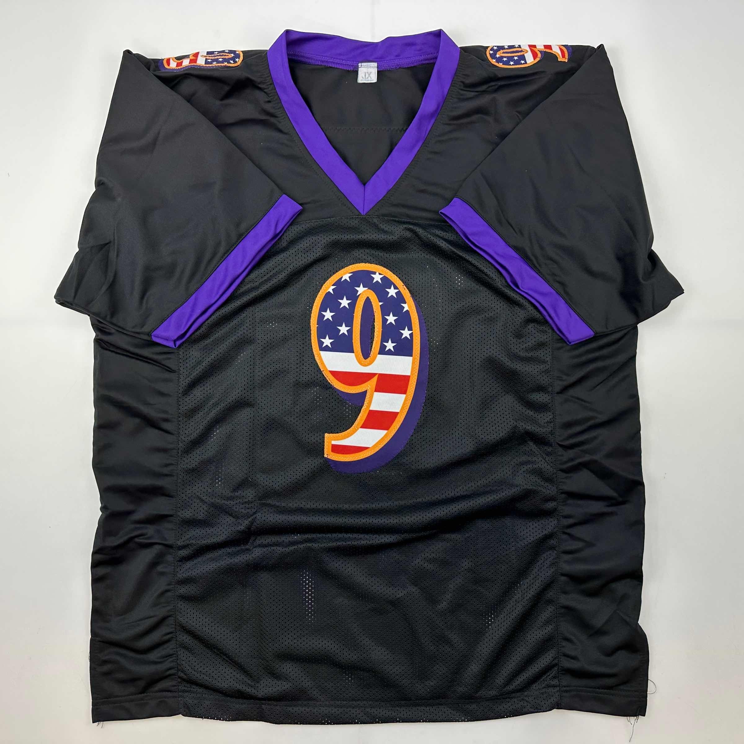Autographed/Signed Justin Tucker Baltimore Black USA American Flag Football Jersey JSA COA