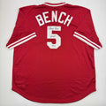 Autographed/Signed Johnny Bench HOF 89 Cincinnati Red Baseball Jersey Beckett BAS COA