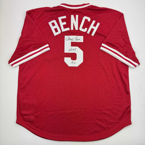 Autographed/Signed Johnny Bench HOF 89 Cincinnati Red Baseball Jersey Beckett BAS COA