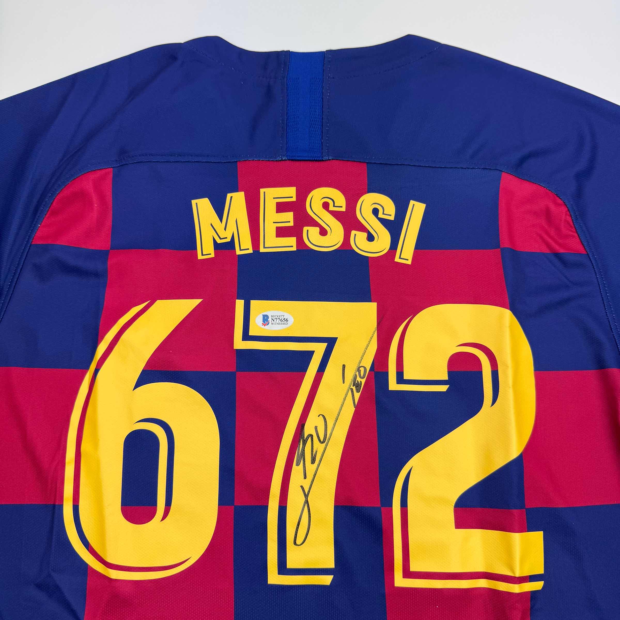 Autographed/Signed Lionel Leo Messi FC Barcelona 672 Goals Soccer Jersey Beckett BAS COA