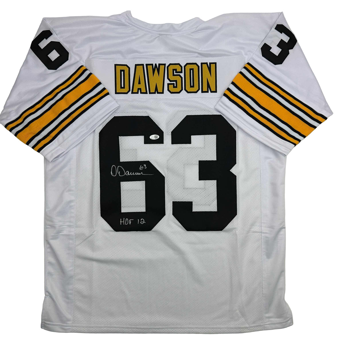Autographed/Signed Dermontti Dawson HOF 12 Pittsburgh White Football Jersey JSA COA