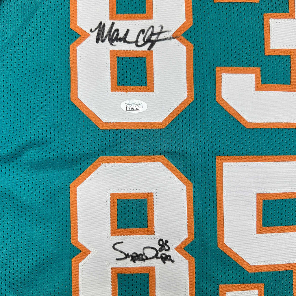 Autographed/Signed Marks Brothers Mark Clayton & Mark Duper Miami Teal Football Jersey JSA COA