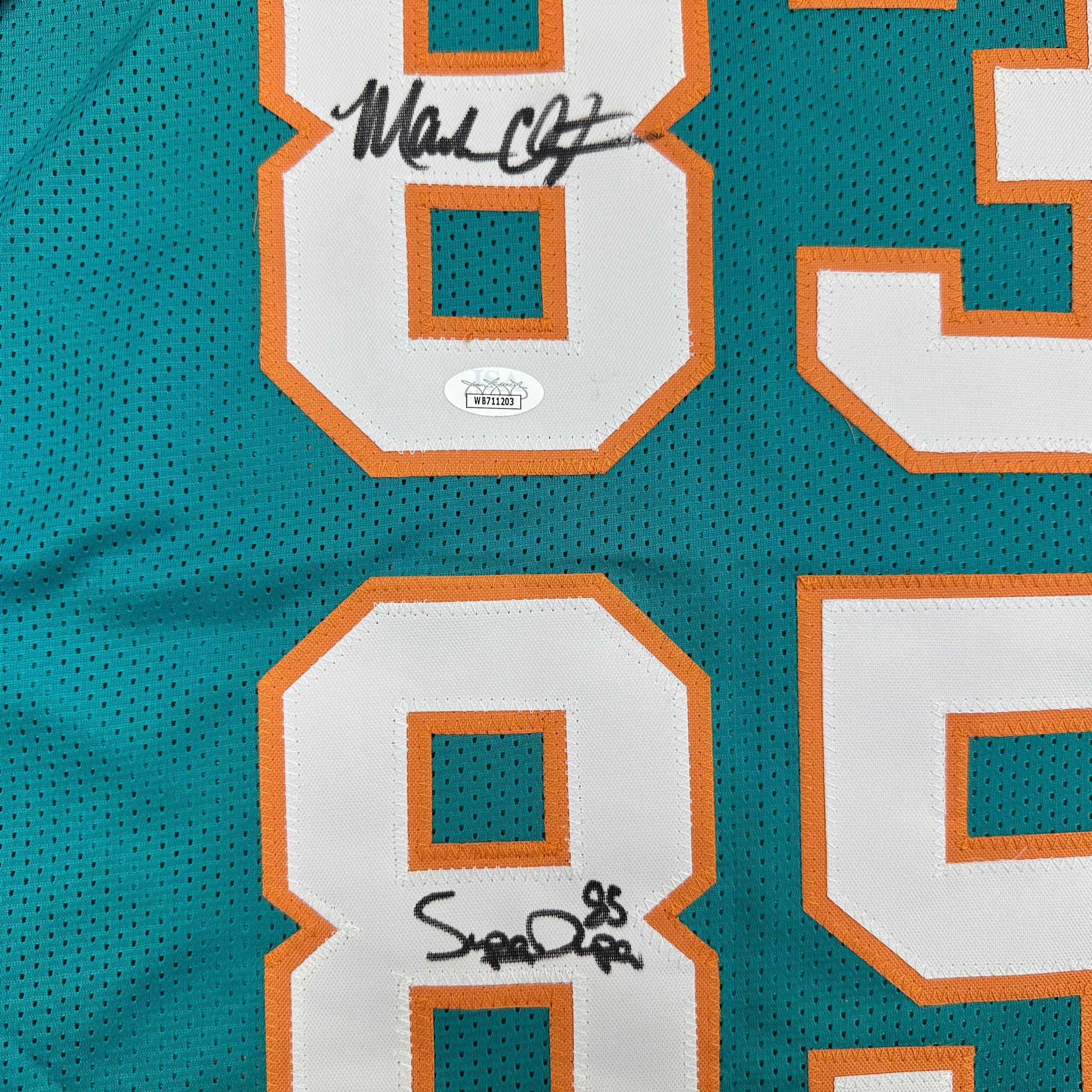Autographed/Signed Marks Brothers Mark Clayton & Mark Duper Miami Teal Football Jersey JSA COA