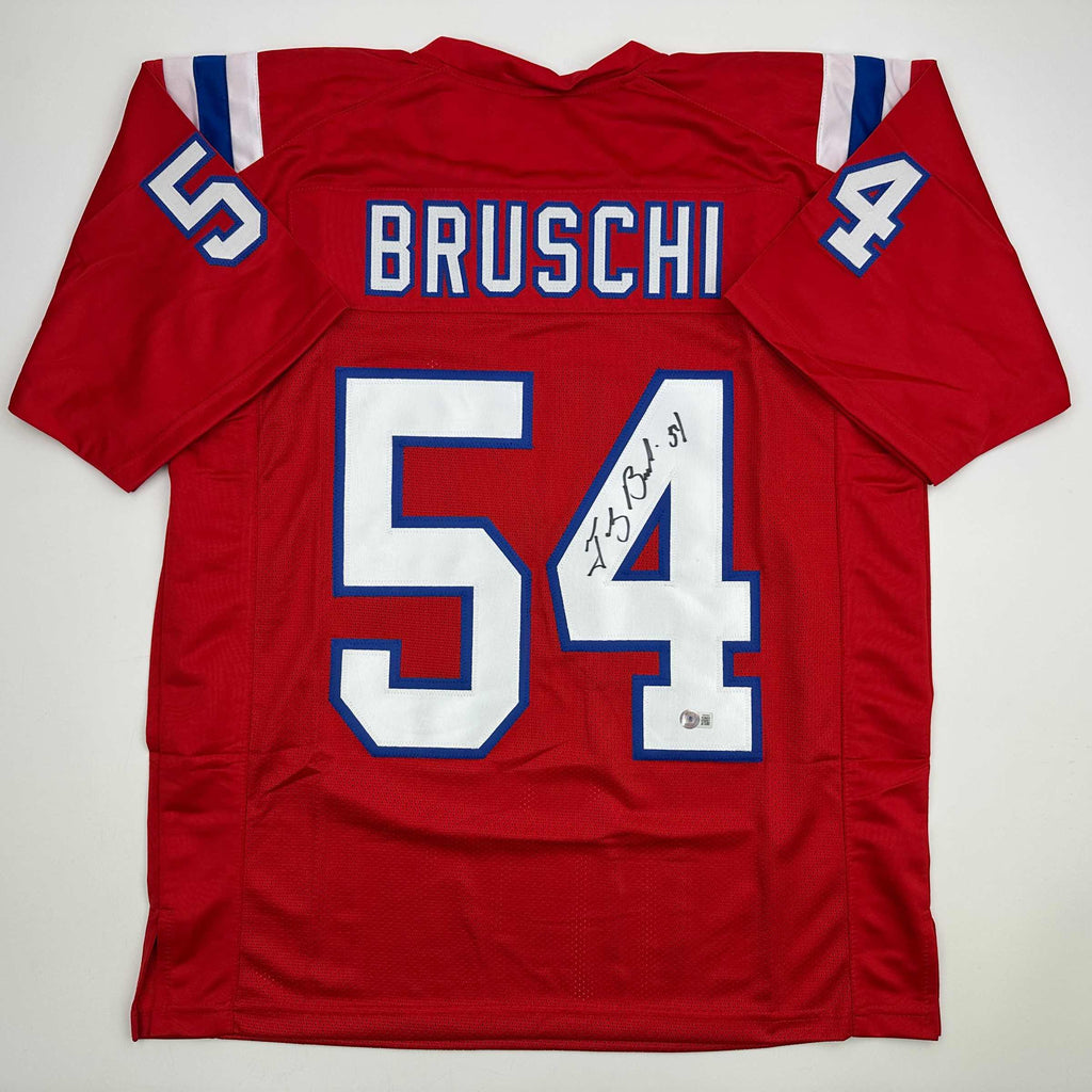 Autographed/Signed Tedy Bruschi New England Red Football Jersey Beckett BAS COA