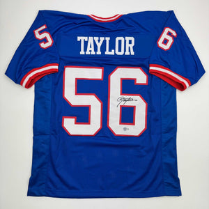 Autographed/Signed Lawrence Taylor New York Blue Football Jersey Beckett BAS COA