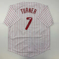 Autographed/Signed Trea Turner Philadelphia Pinstripe Baseball Jersey Beckett BAS COA