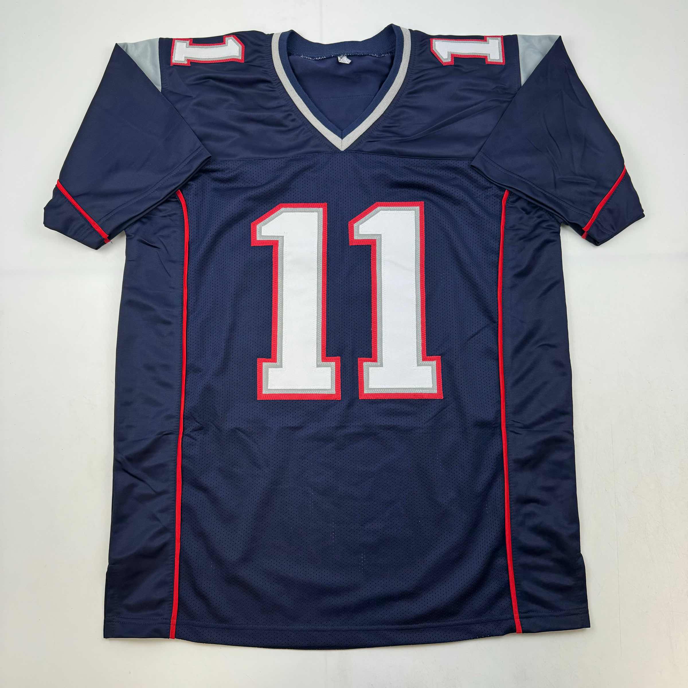 Autographed/Signed Julian Edelman New England Blue Football Jersey JSA COA