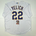 Autographed/Signed Christian Yelich Brew Crew Milwaukee Brewers Pinstripe Cool Base Baseball Jersey JSA COA