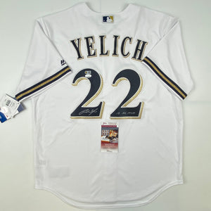Autographed/Signed Christian Yelich 18 NL MVP Milwaukee Brewers White Cool Base Baseball Jersey JSA COA