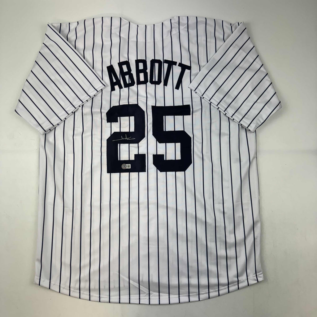 Autographed/Signed Jim Abbott New York White Pinstripe Baseball Jersey Beckett BAS COA
