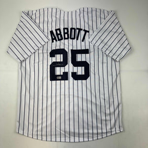 Autographed/Signed Jim Abbott New York White Pinstripe Baseball Jersey Beckett BAS COA