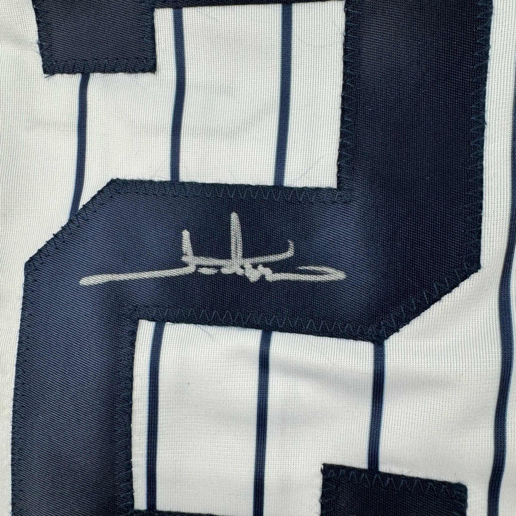 Autographed/Signed Jim Abbott New York White Pinstripe Baseball Jersey Beckett BAS COA