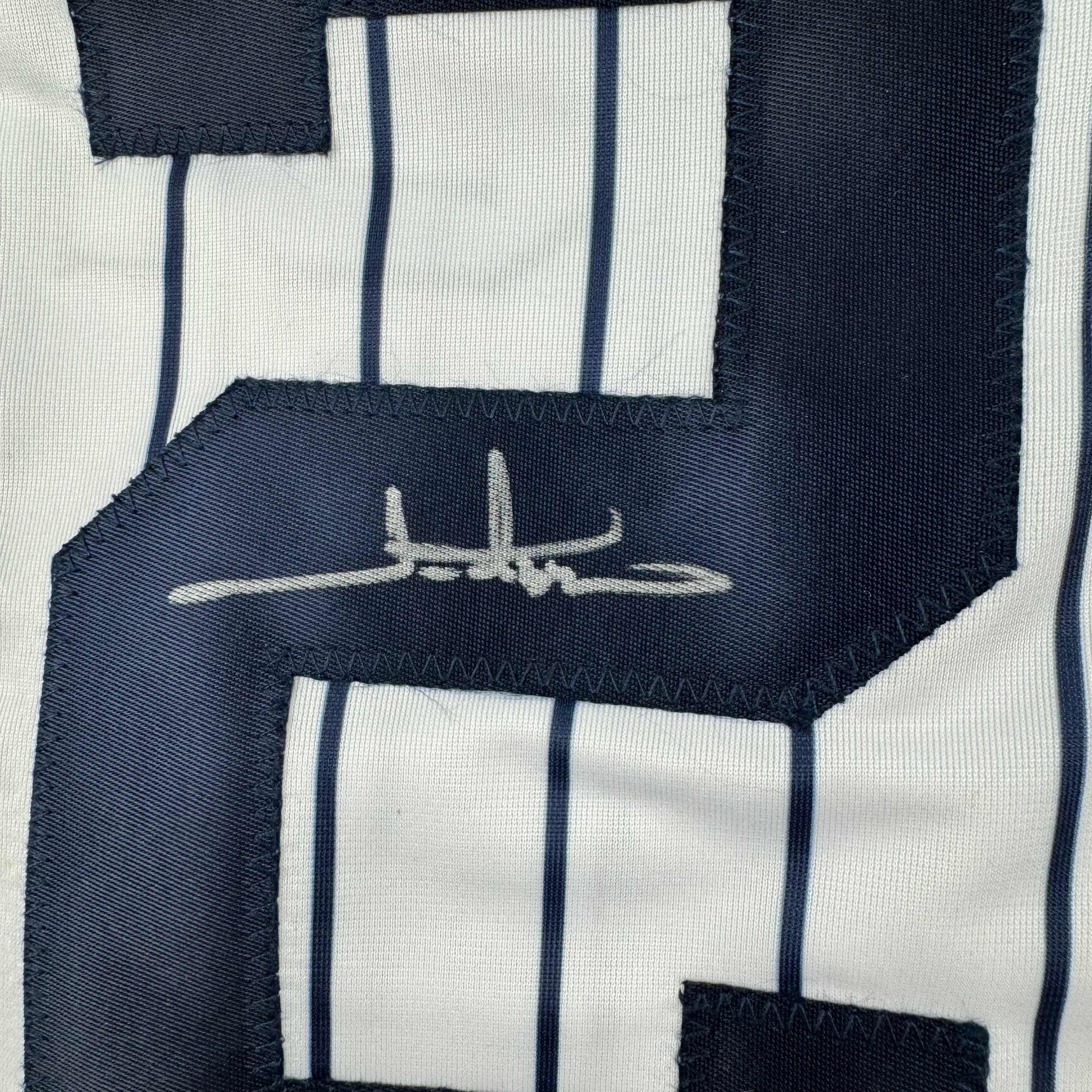 Autographed/Signed Jim Abbott New York White Pinstripe Baseball Jersey Beckett BAS COA