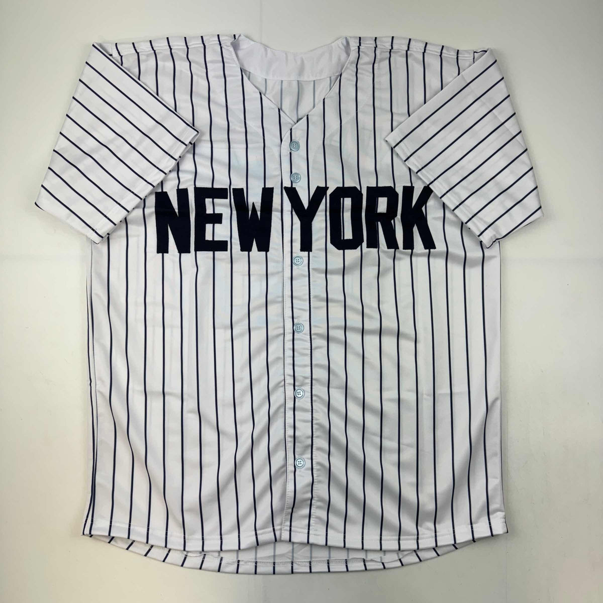 Autographed/Signed Jim Abbott New York White Pinstripe Baseball Jersey Beckett BAS COA