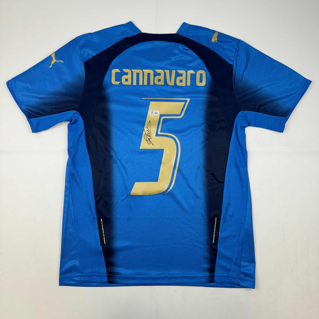 Autographed/Signed Fabio Cannavaro Italy Blue Soccer Futbol Jersey Beckett BAS COA