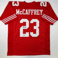 Autographed/Signed Christian McCaffrey San Francisco Red Football Jersey Beckett BAS COA