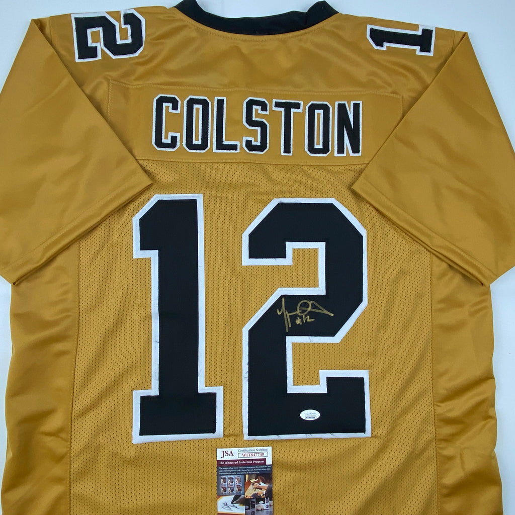 Autographed/Signed Marques Colston New Orleans Gold Football Jersey JSA COA
