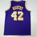 Autographed/Signed James Worthy Los Angeles LA Purple Basketball Jersey Steiner COA