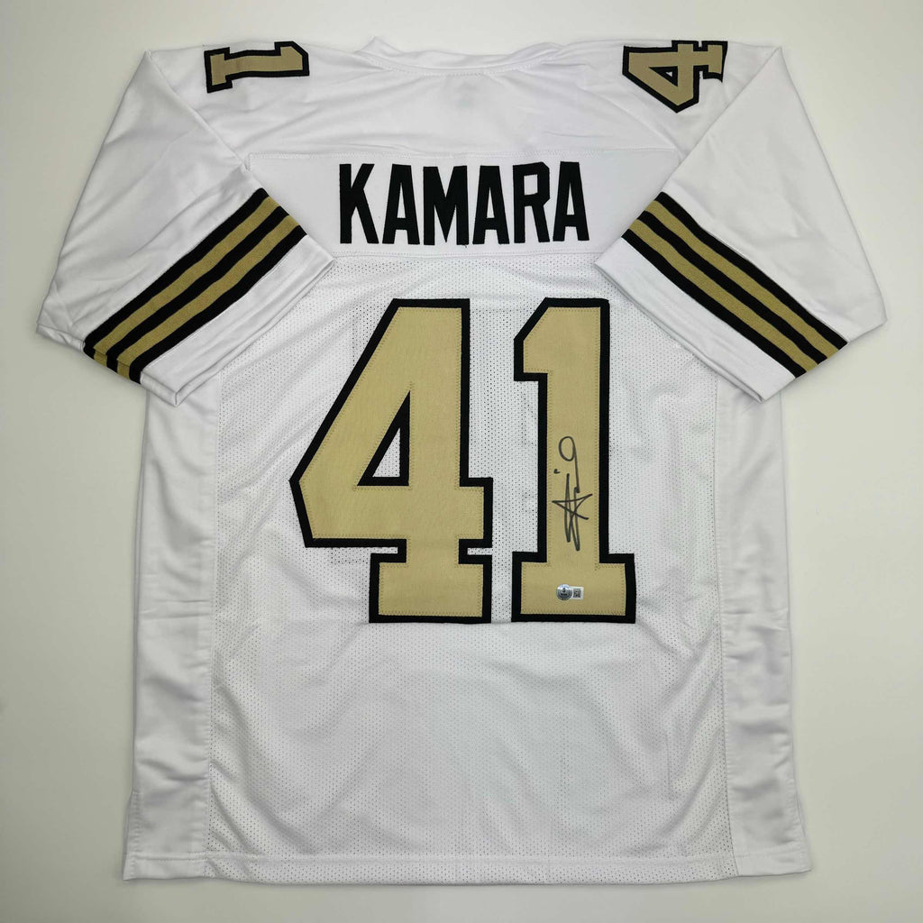 Autographed/Signed Alvin Kamara New Orleans White Color Rush Football Jersey Beckett BAS COA