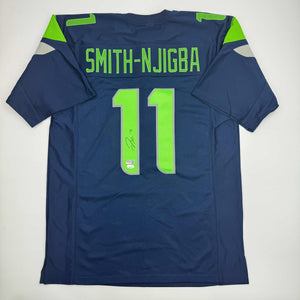 Autographed/Signed Jaxon Smith-Njigba Seattle Blue Football Jersey Beckett BAS COA