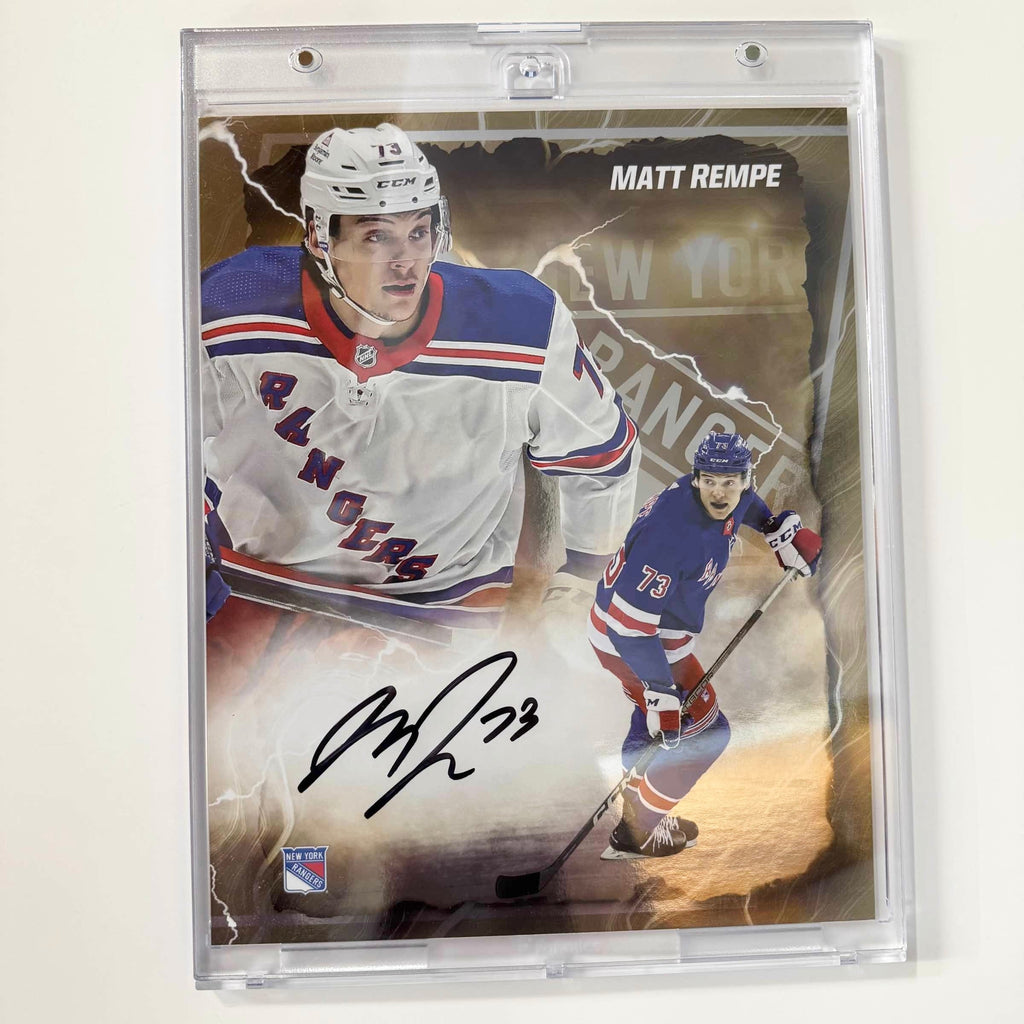 Autographed/Signed 2024 Under Wraps Emanate Matt Rempe New York Rangers Gold /50 8x10 Hockey Card Photo Fanatics COA