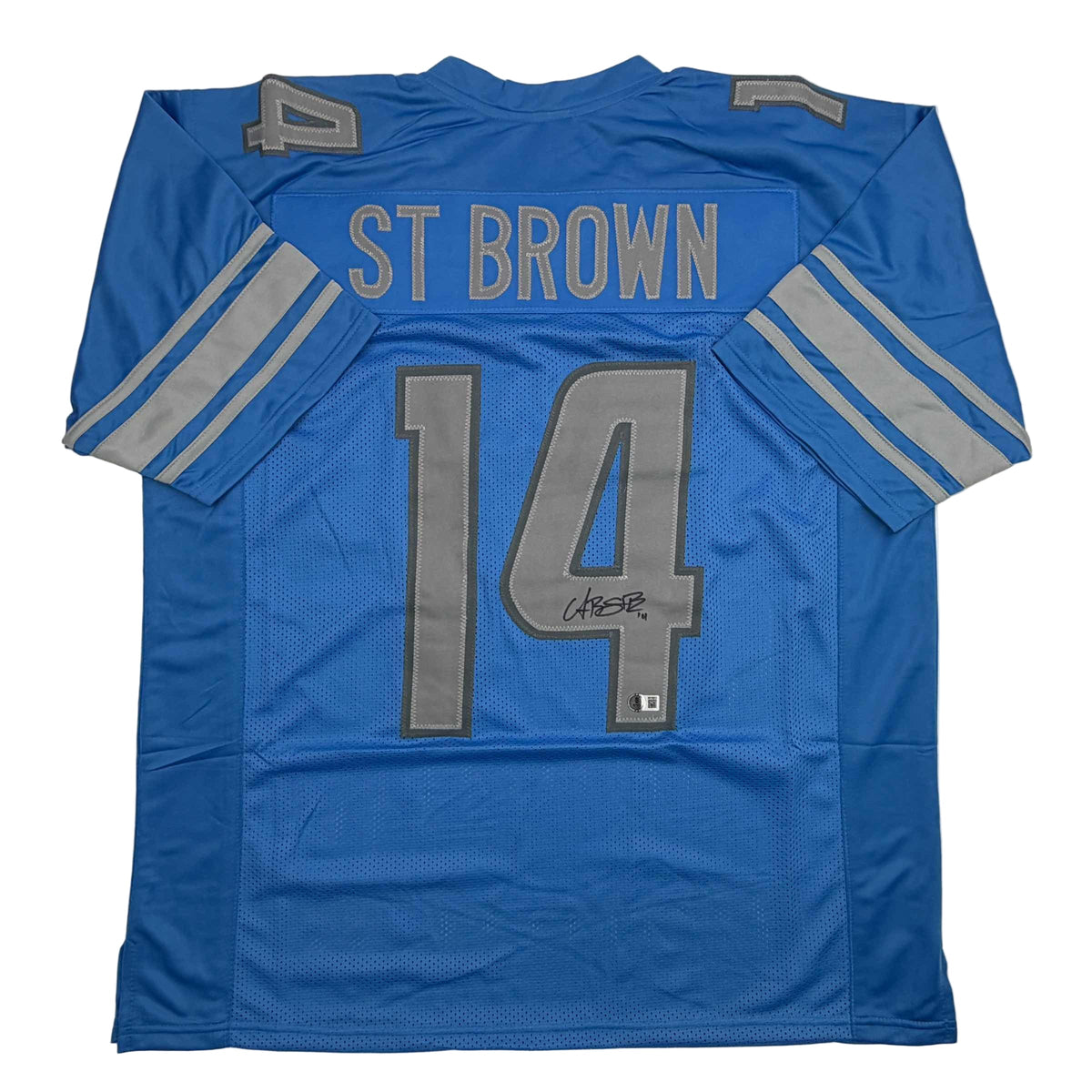 Autographed/Signed Amon-Ra St. Brown Detroit Blue Football Jersey Beckett BAS COA