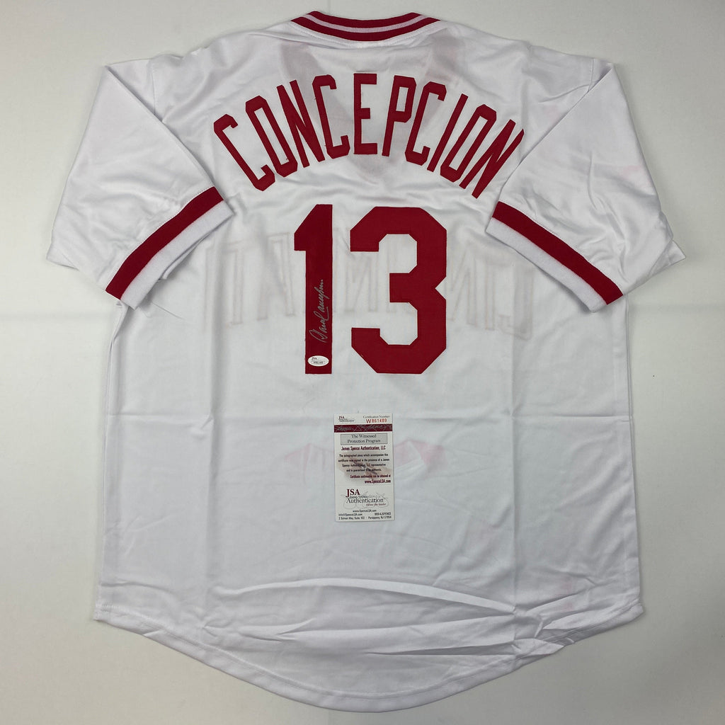 Autographed/Signed Dave Concepcion Cincinnati White Baseball Jersey JSA COA