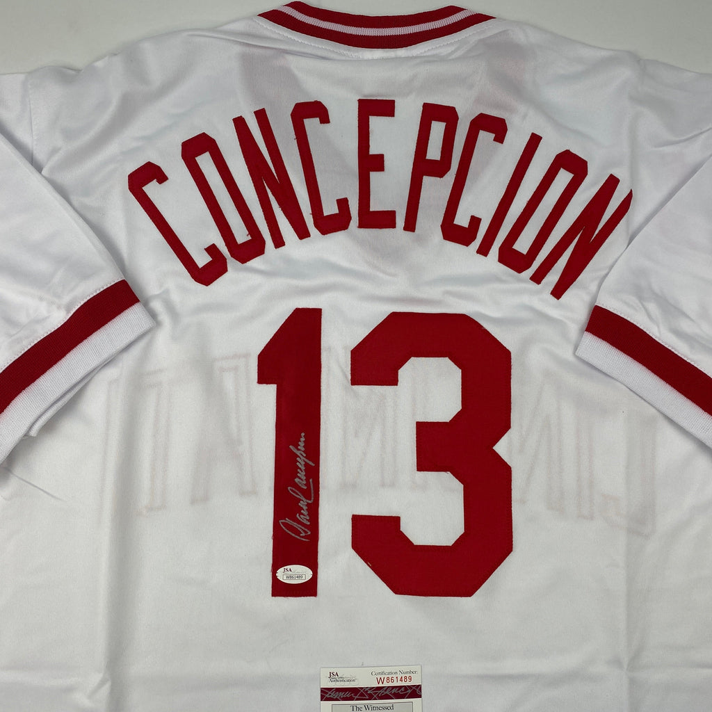 Autographed/Signed Dave Concepcion Cincinnati White Baseball Jersey JSA COA