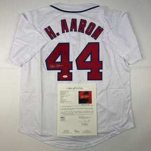 Autographed/Signed Hank Henry Aaron Atlanta White Baseball Jersey JSA COA/LOA