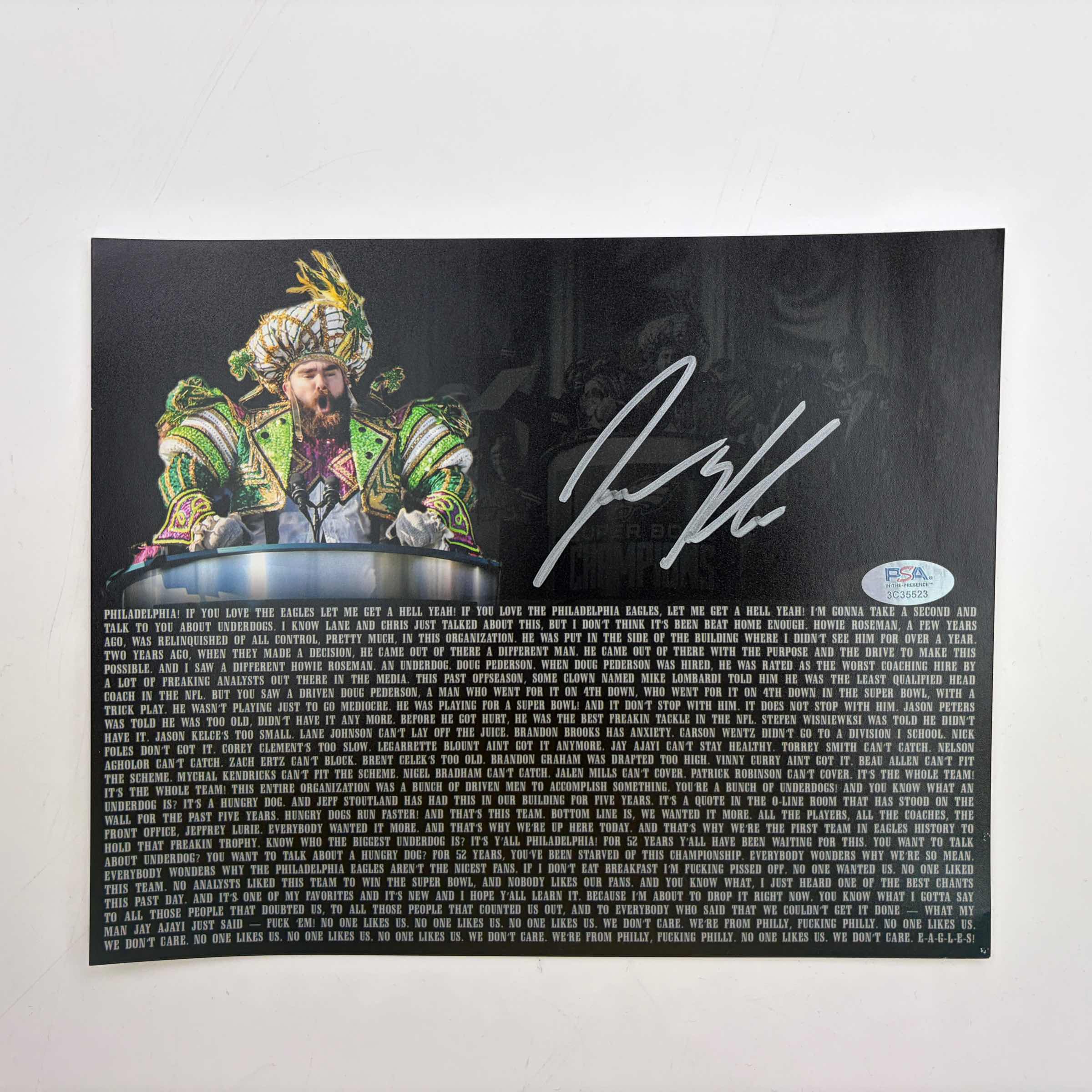 Autographed/Signed Jason Kelce Super Bowl Parade Speech Transcript Mummers Philadelphia Eagles 8x10 Football Photo PSA/DNA COA