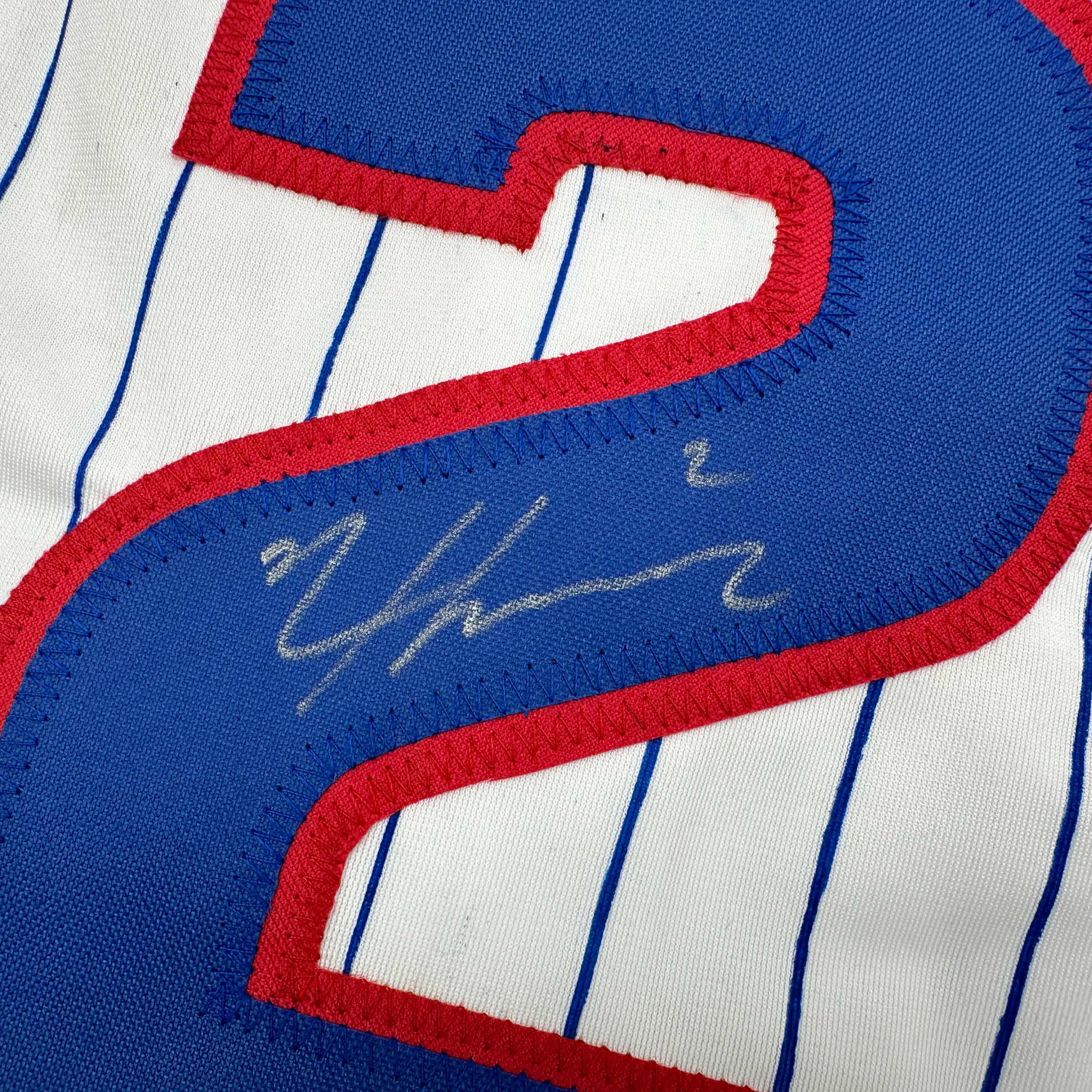 Autographed/Signed Nico Hoerner Chicago Pinstripe Baseball Jersey Beckett BAS COA