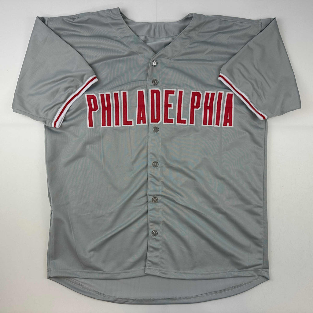 Autographed/Signed Trea Turner Philadelphia Grey Baseball Jersey Beckett BAS COA