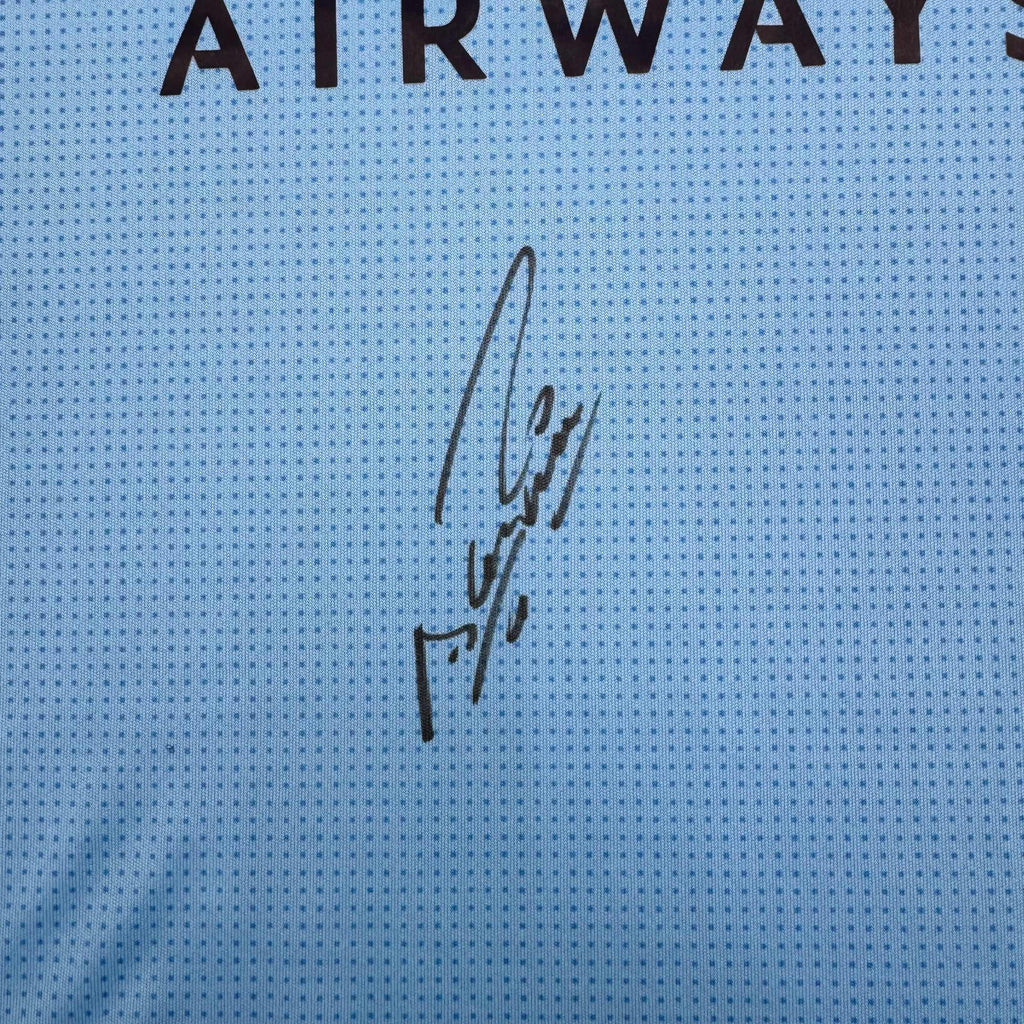 Framed Autographed/Signed Sergio Kun Aguero 35x39 Manchester City Blue Soccer Futbol Jersey Beckett BAS COA #2