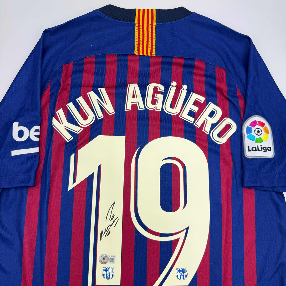 Autographed/Signed Sergio Kun Aguero FC Barcelona Red/Blue Soccer Futbol Jersey Beckett BAS COA #2